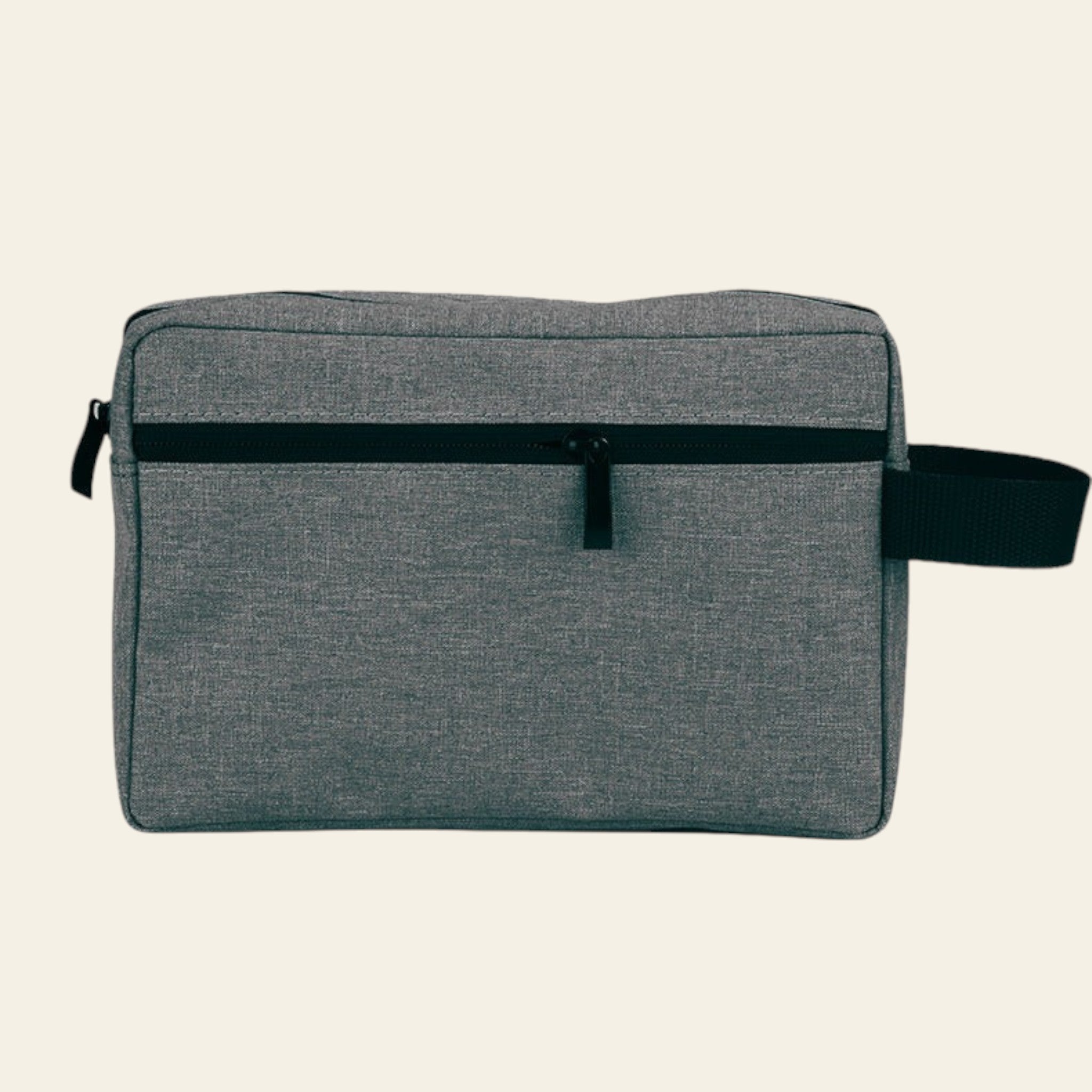 Gray toiletry bag with a black strap on a white background