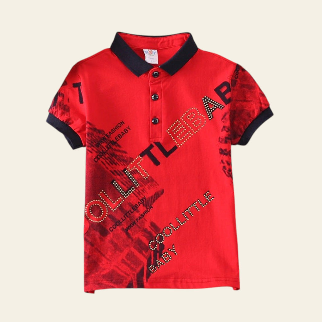 Red polo shirt with black text and accents on a striped surface