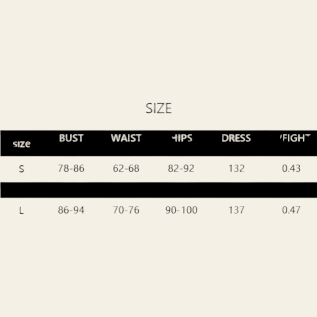 Women's dress size chart showing bust, waist, hips, dress length, and weight for sizes S,M and L