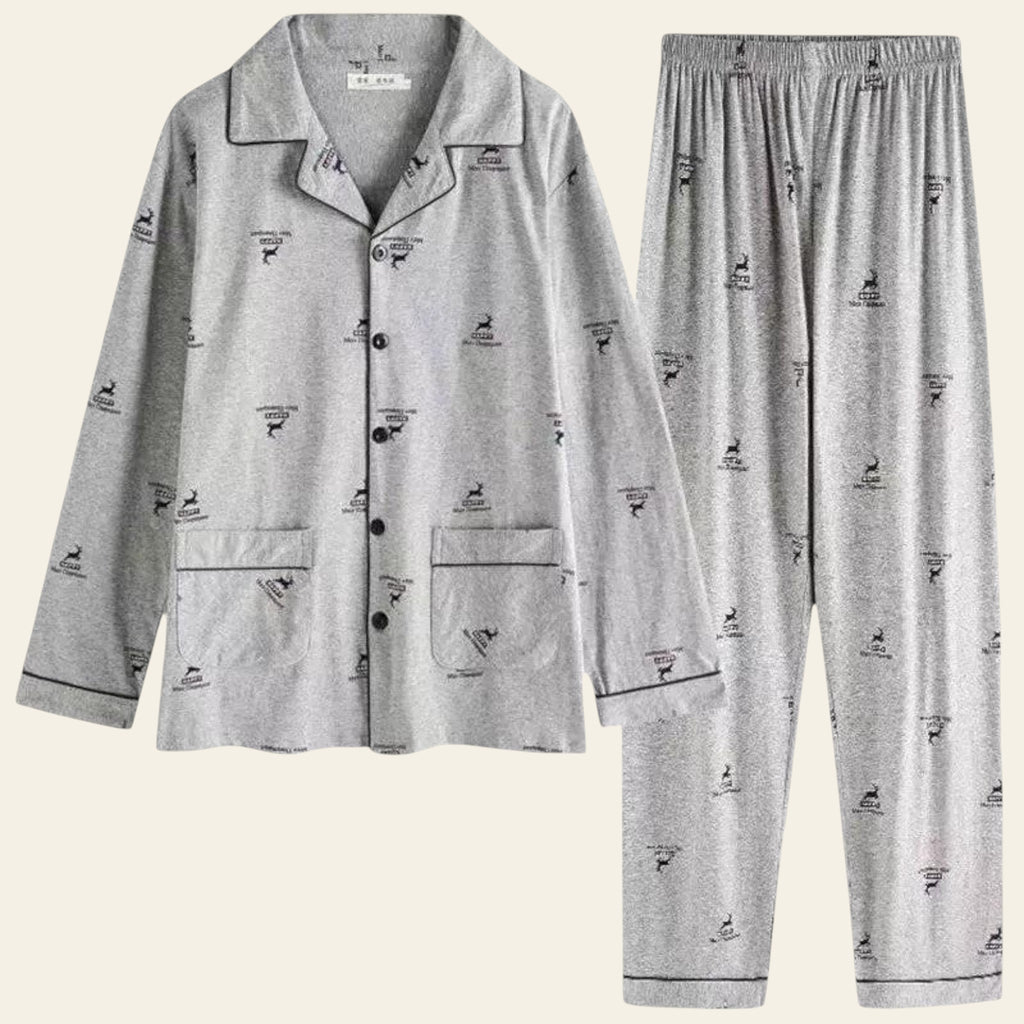 Men's light gray cotton pajama set with long sleeve button-up top and matching pants