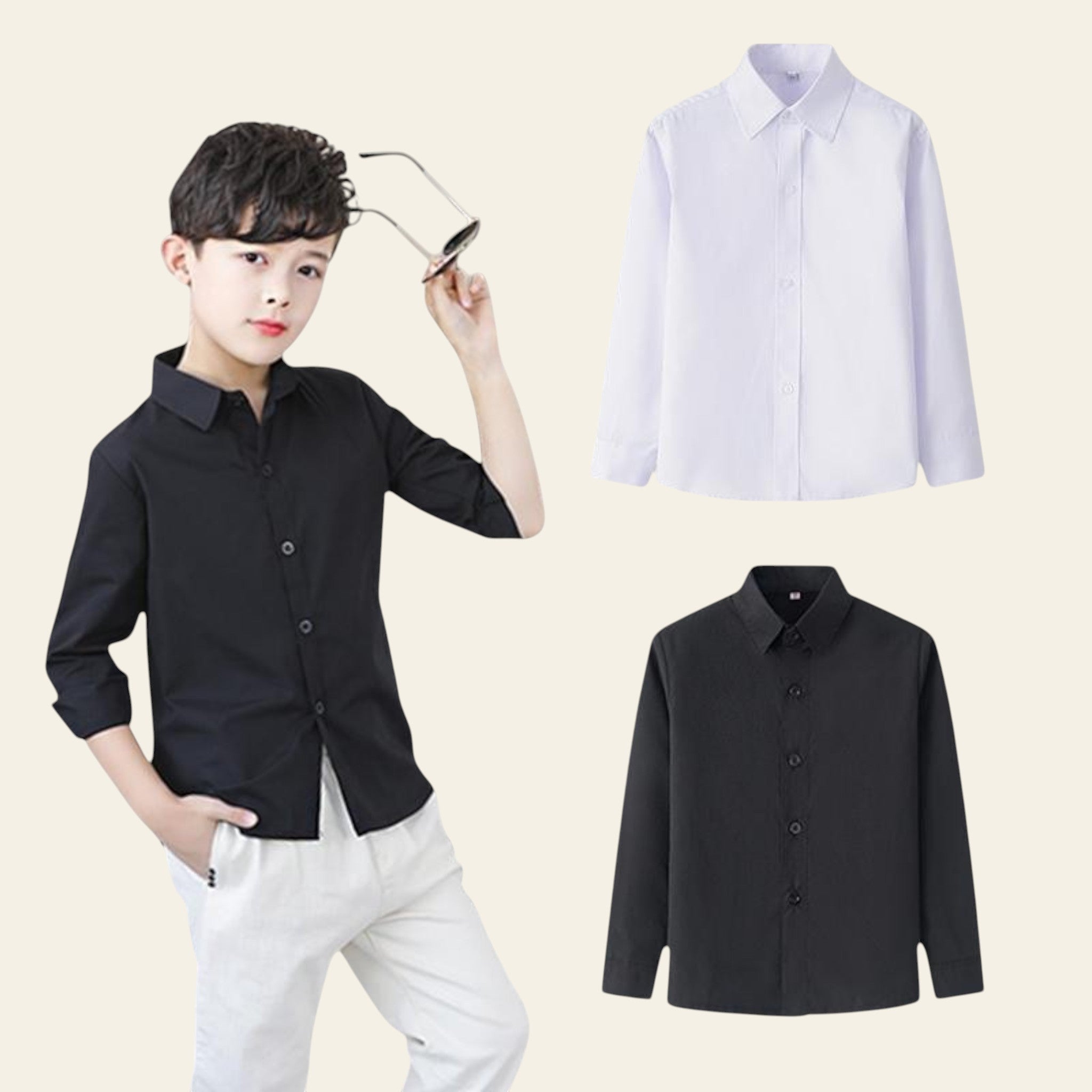 Child wearing a black shirt with a gray background, featuring additional shirts on the right.