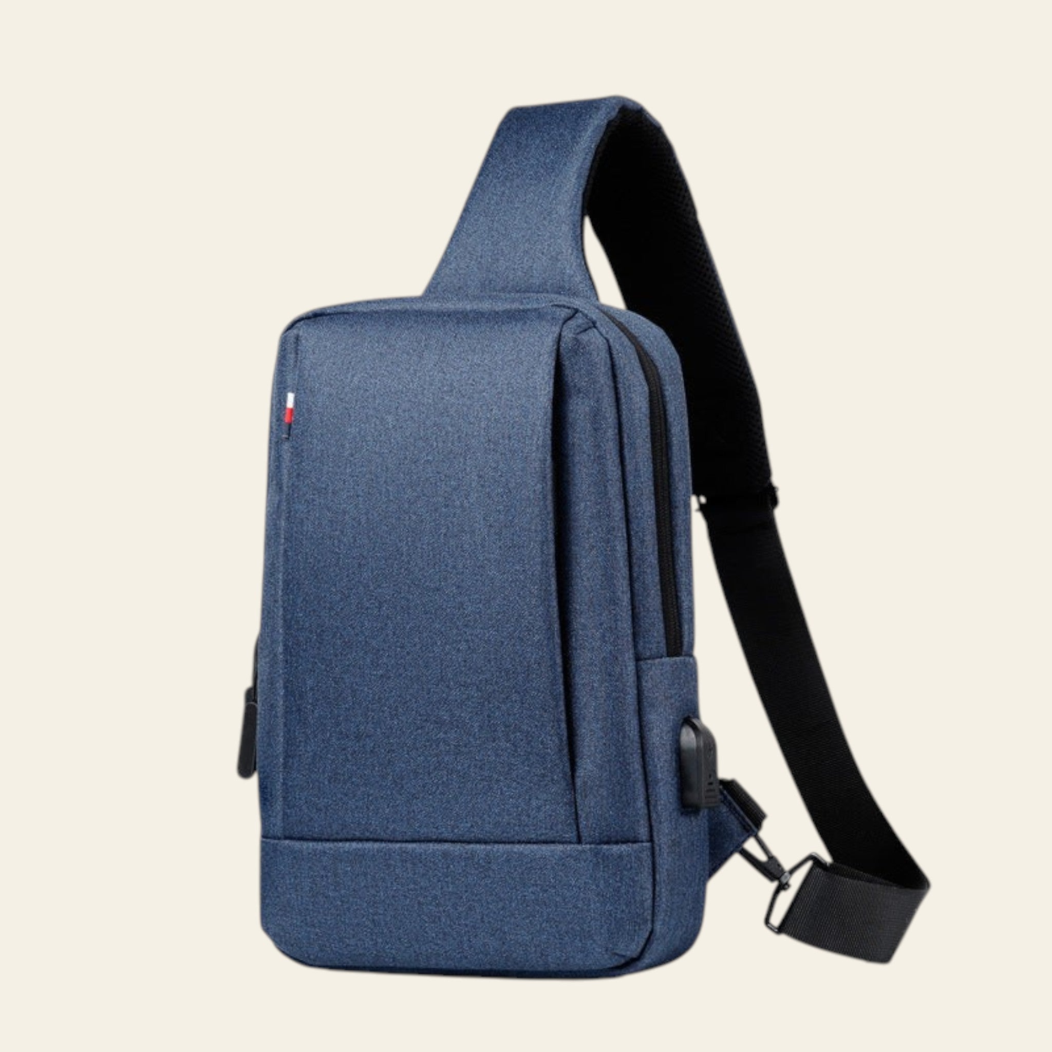 Blue sling bag on a white background