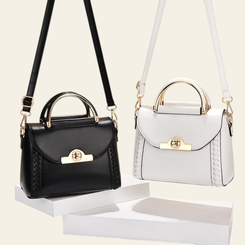 Black and white handbags with gold accents on a beige background