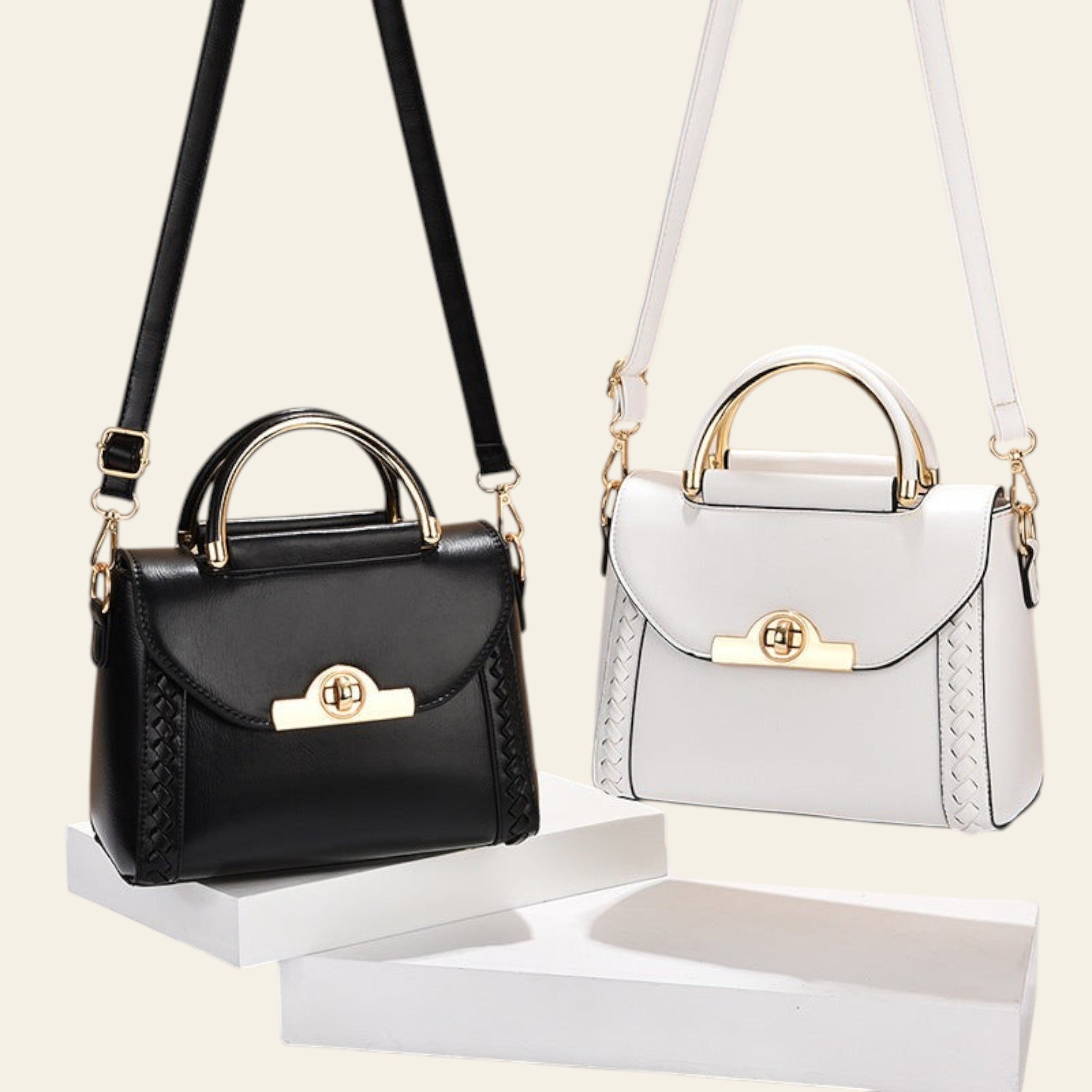 Black and white handbags with gold accents on a beige background