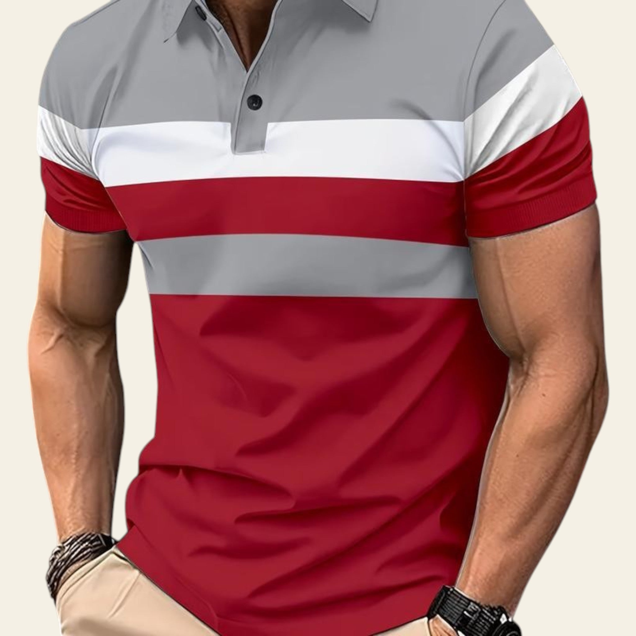 Man wearing a red polo shirt with gray and white horizontal stripes on a city street