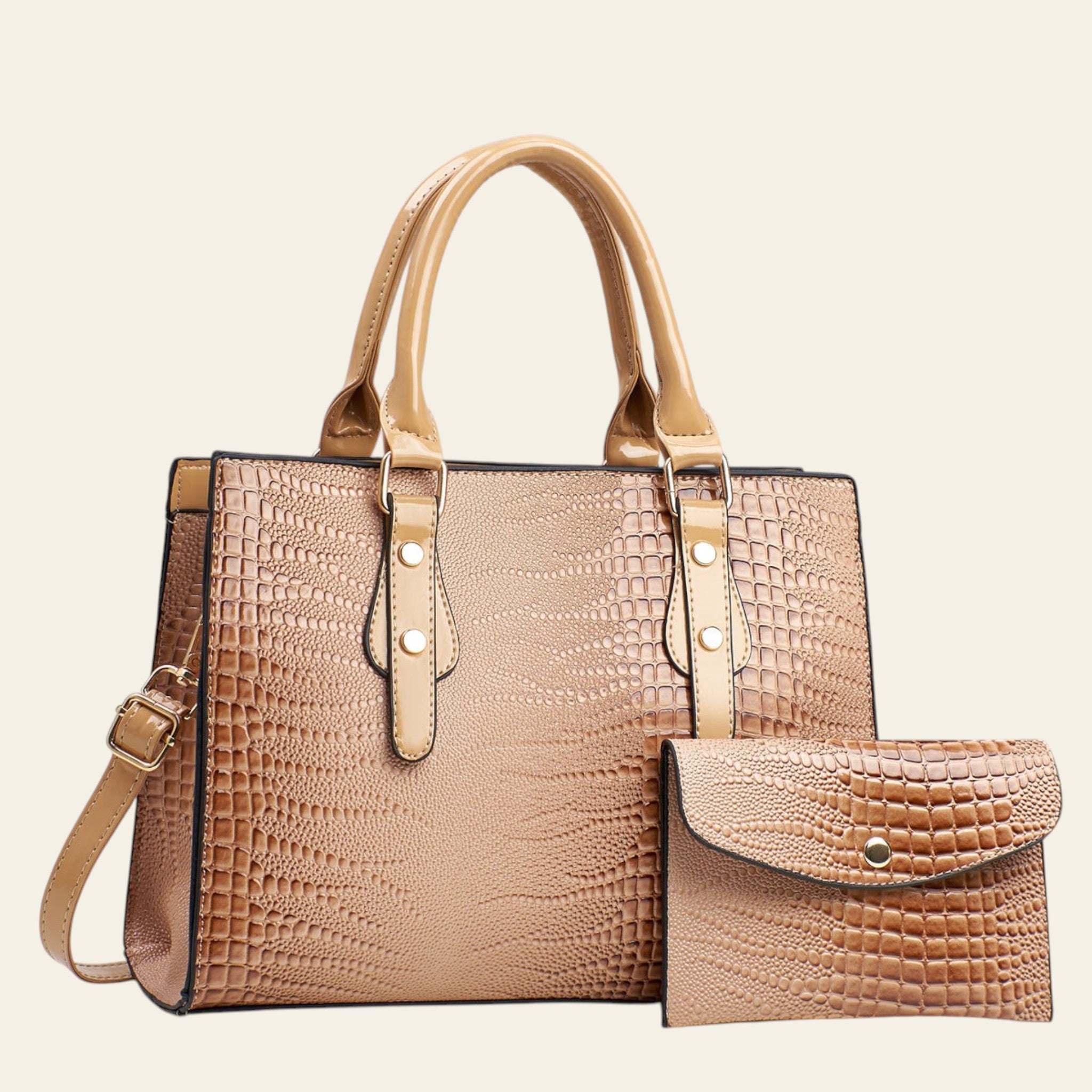 Brown crocodile-textured handbag with matching wallet on a light gray background