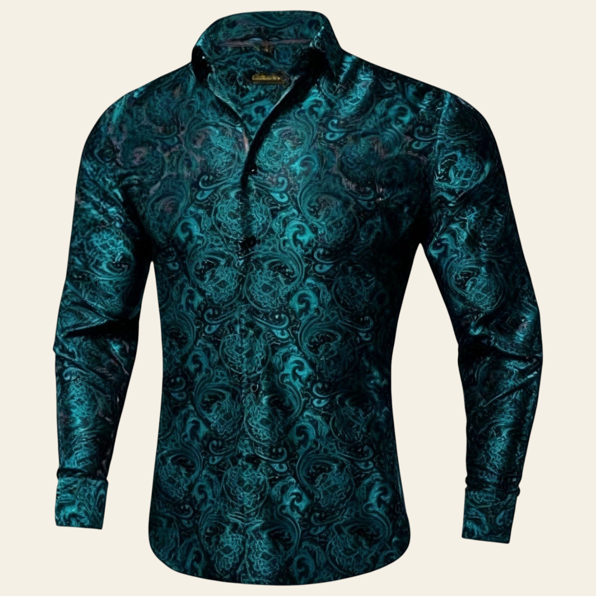 Teal patterned shirt on a white background