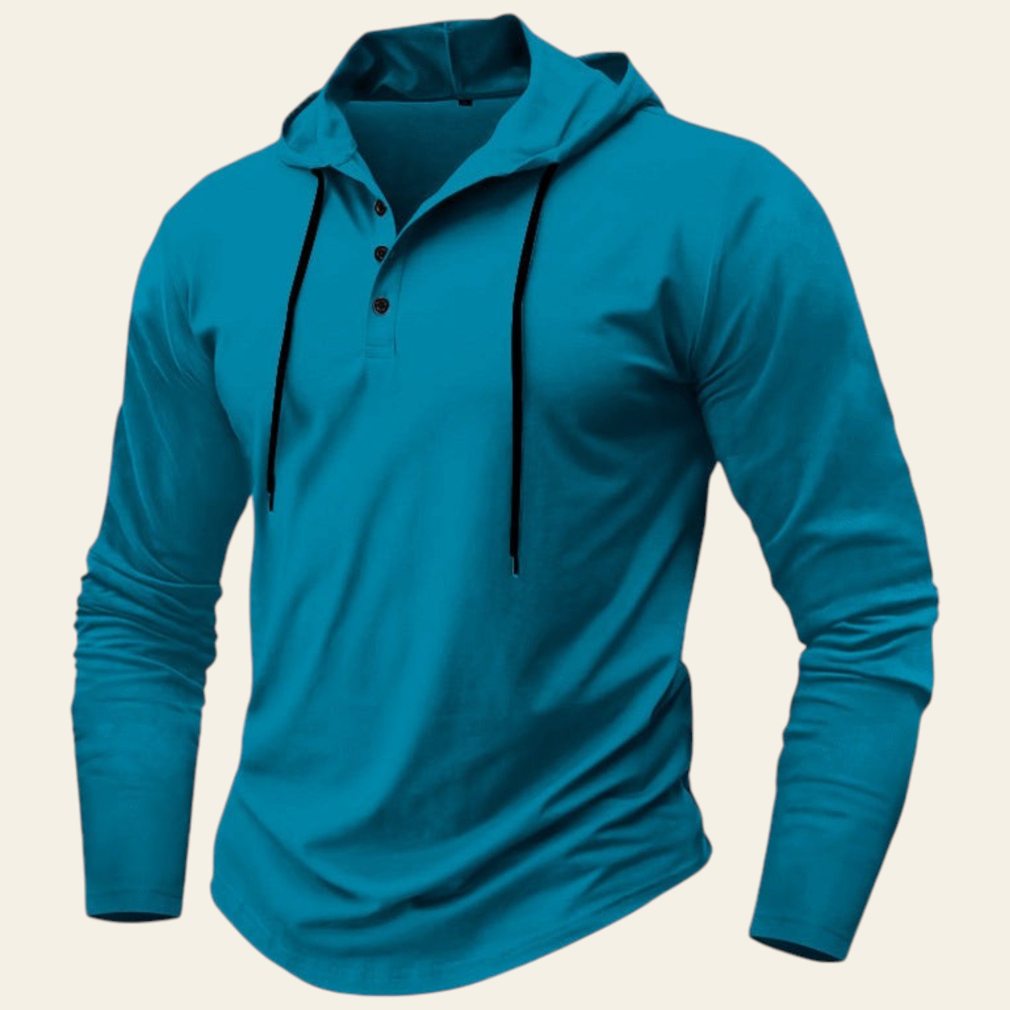 Blue hooded long-sleeve shirt on a white background