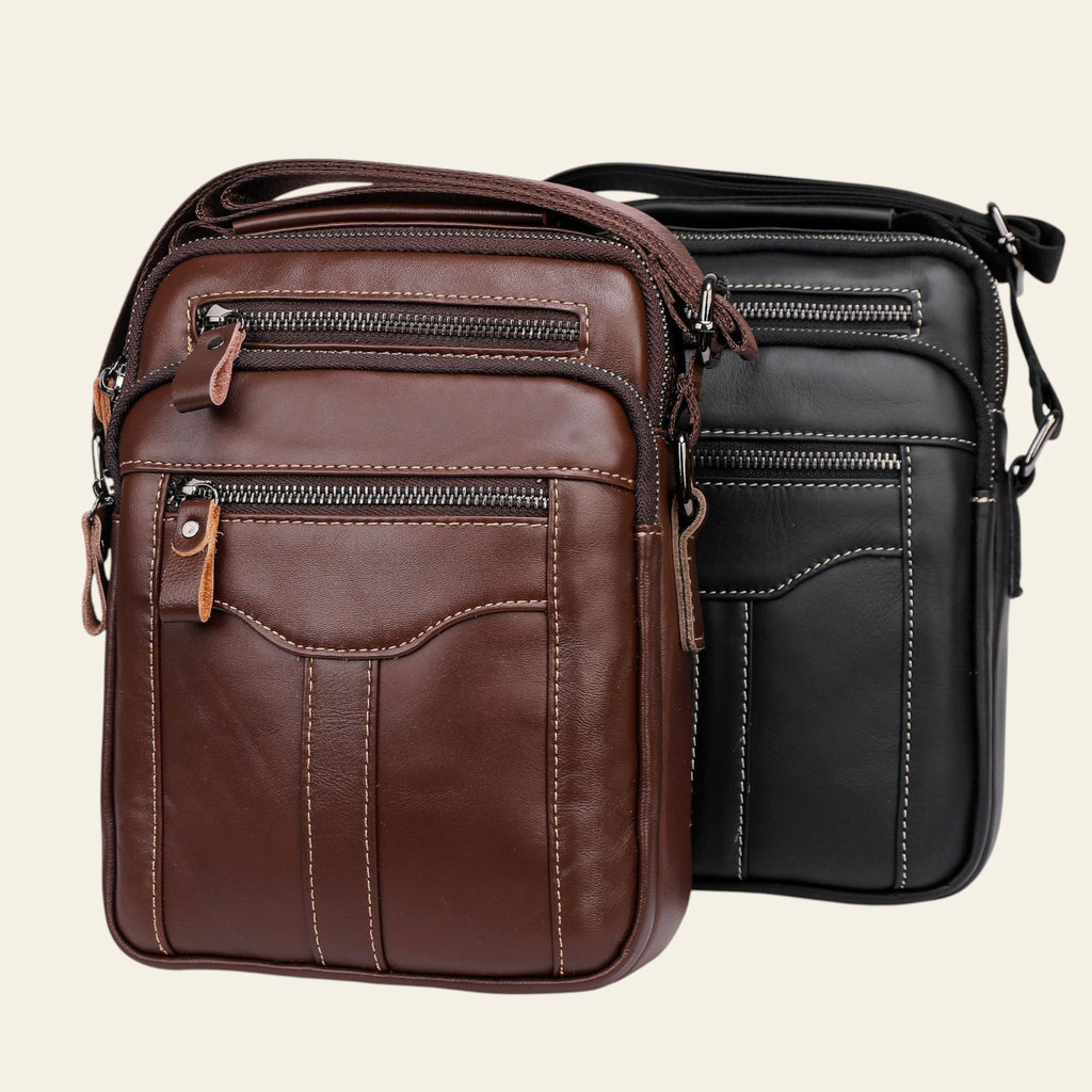 Brown and black leather crossbody bags on a light gray background