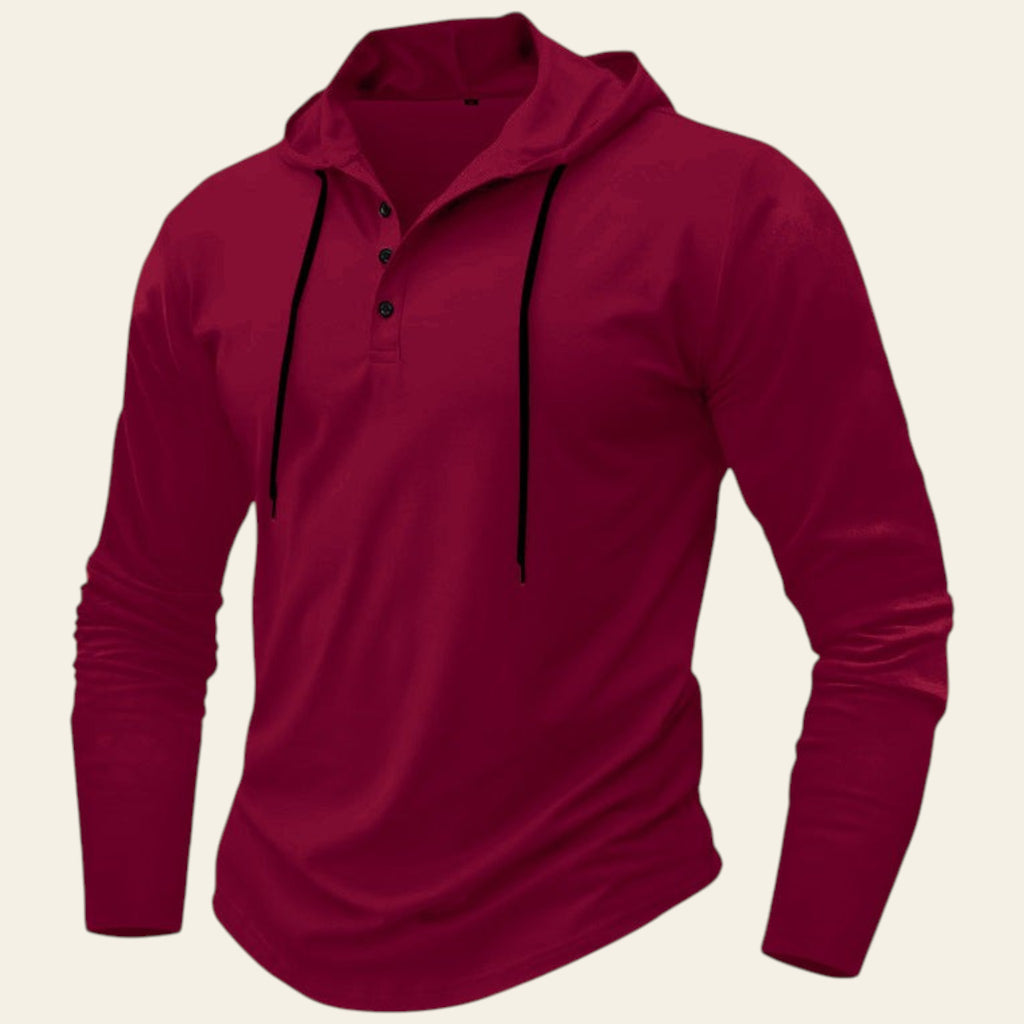 Red hoodie with black buttons on a white background