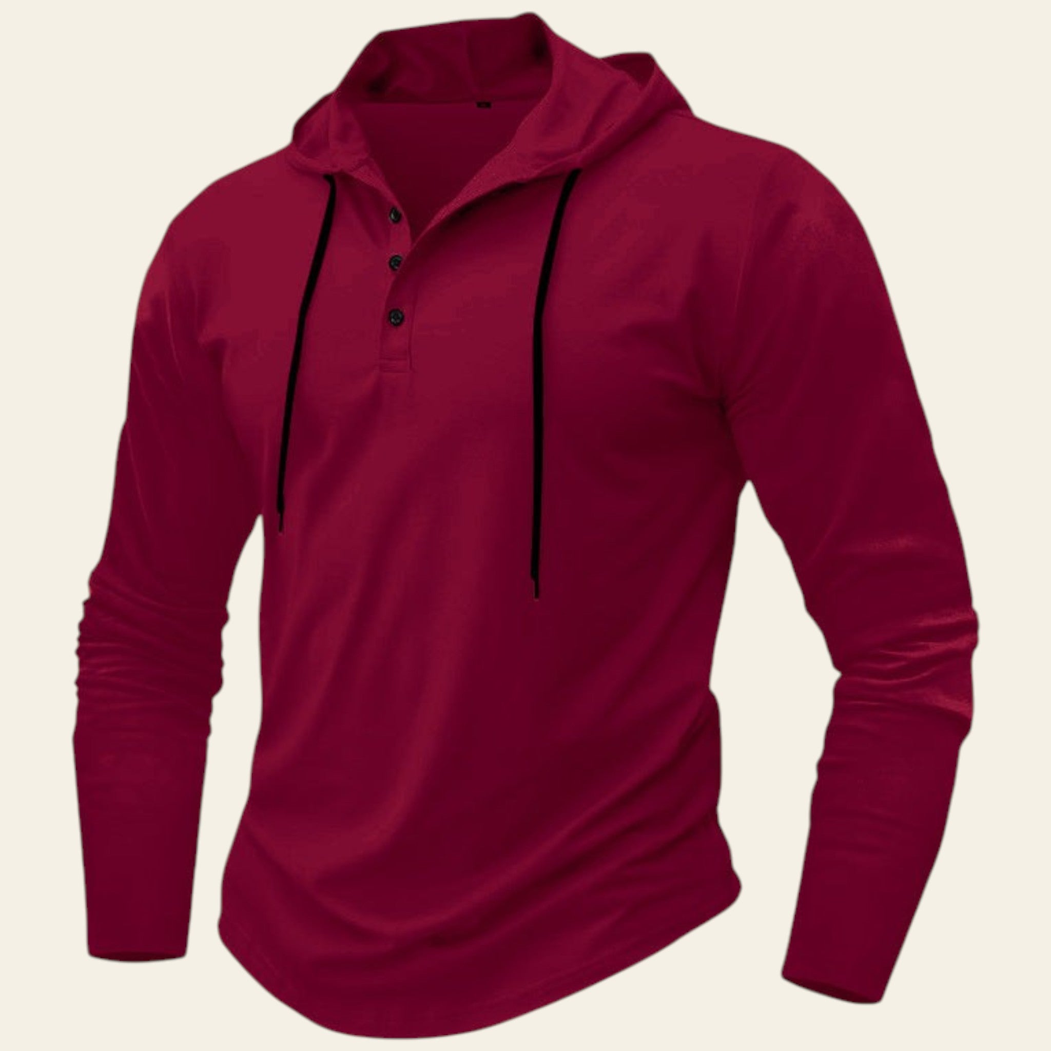 Red hoodie with black buttons on a white background