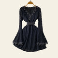 Black lace V-neck midi dress laid flat