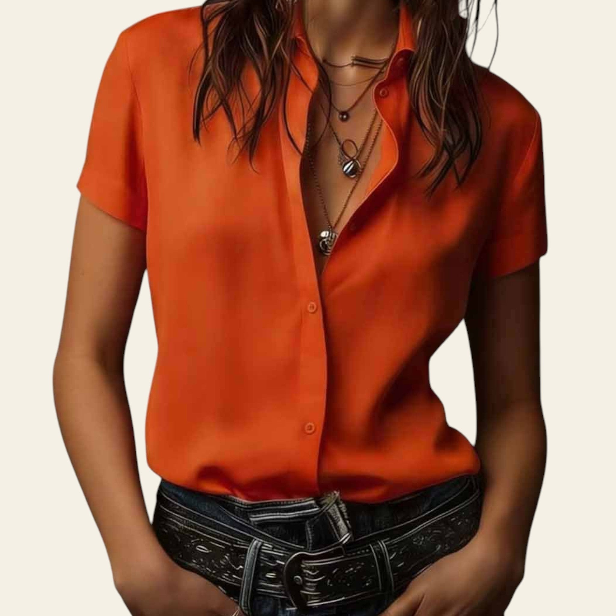 Person wearing an orange shirt with a dark background
