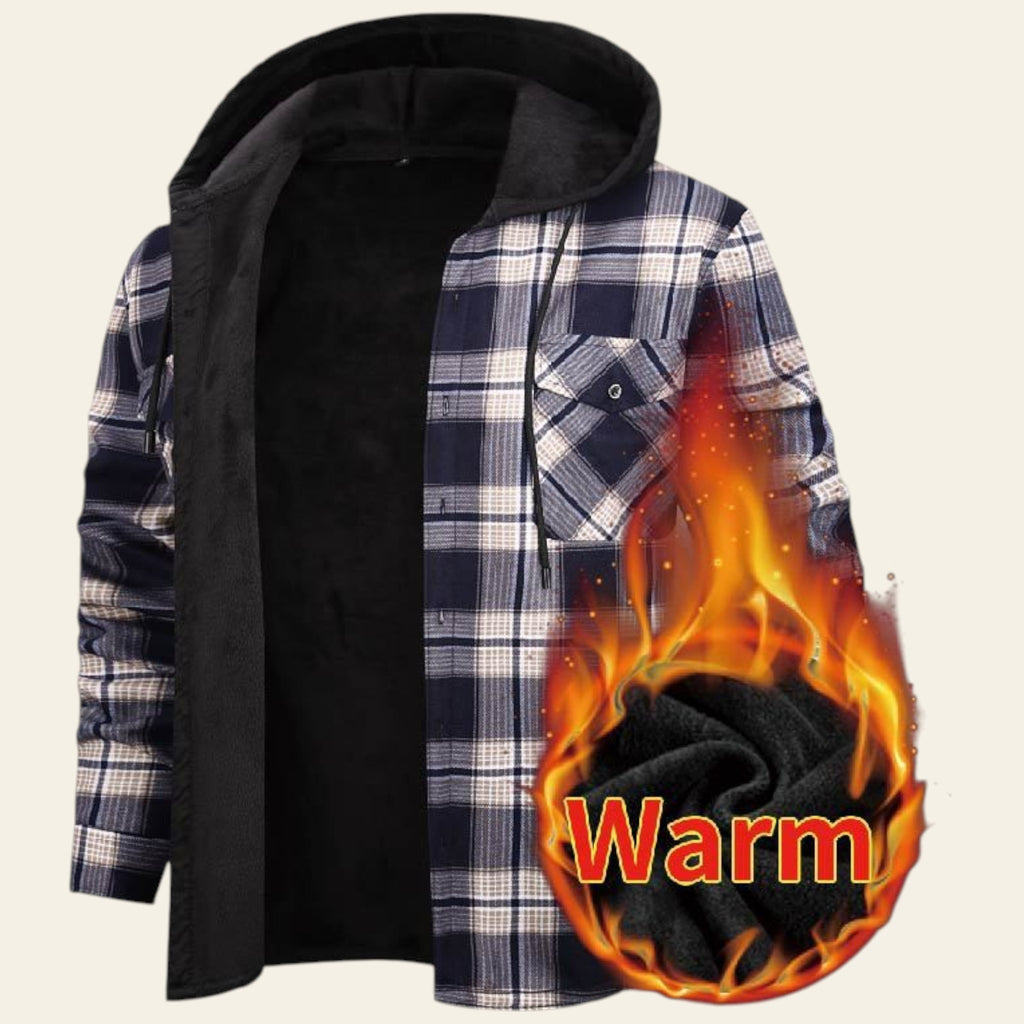 Black and grey plaid hooded jacket with velvet flame detail
