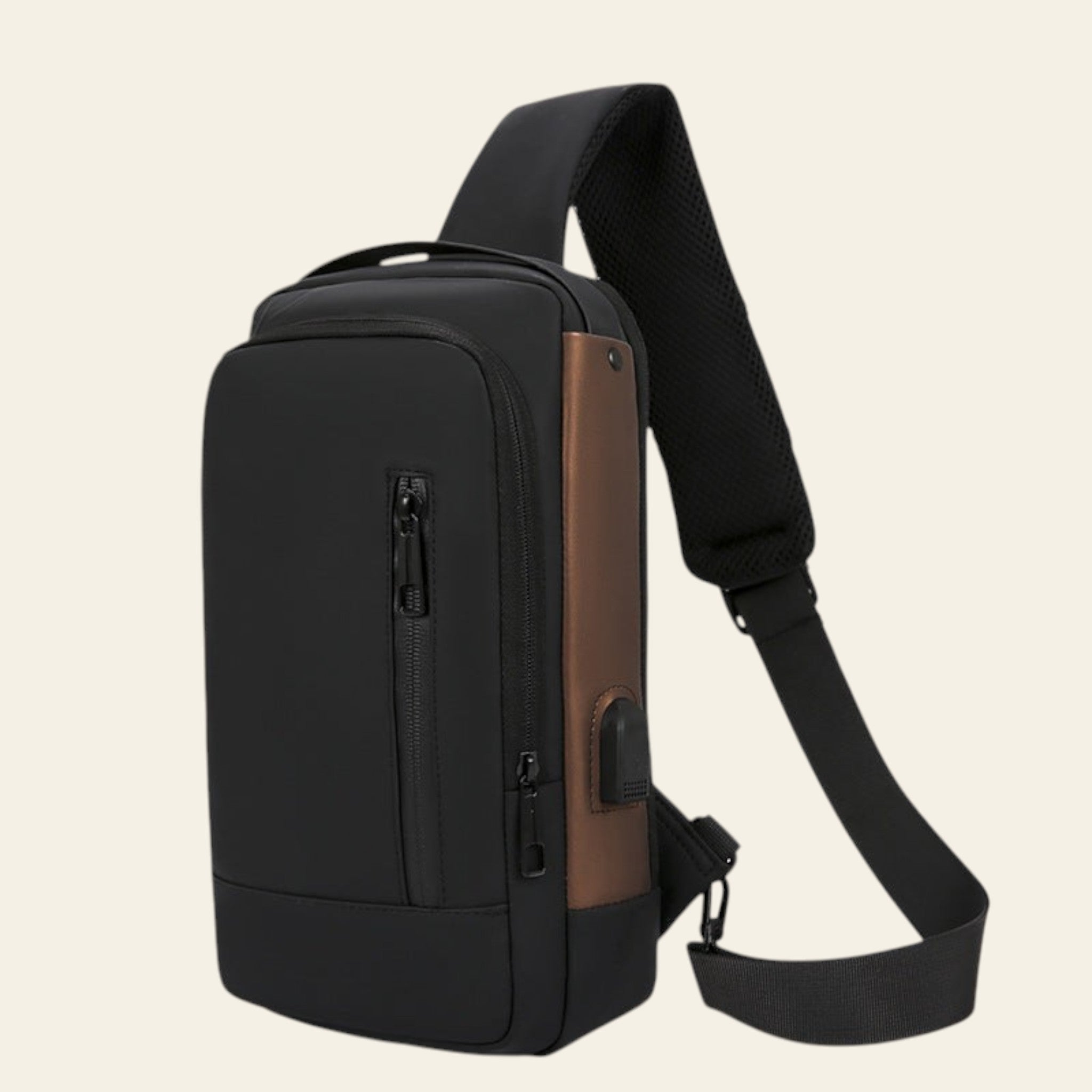 Black sling bag on a white background