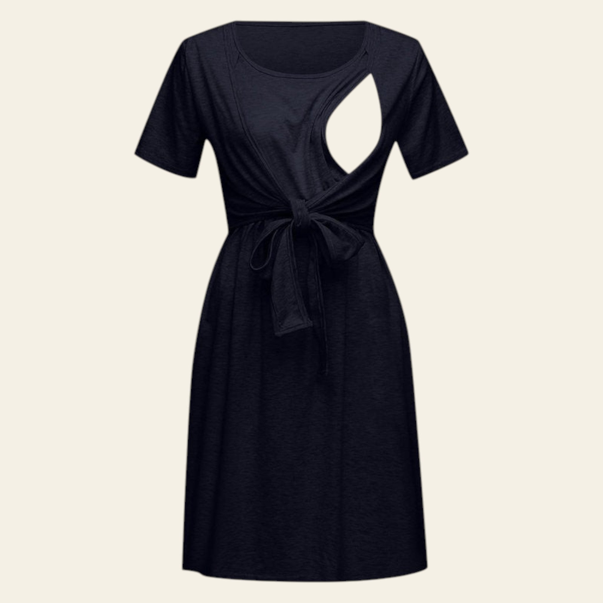 Black short sleeve casual dress displayed flat on a white background