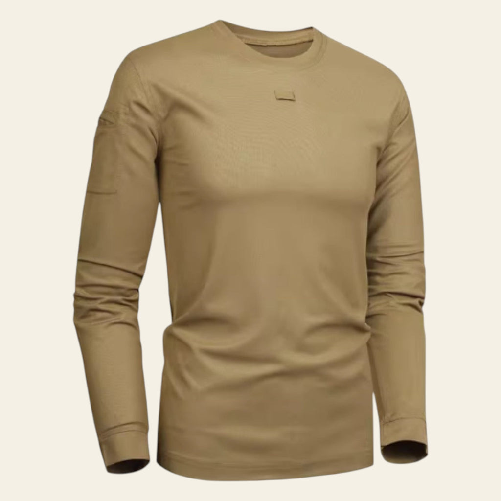 Khaki long-sleeve crew neck outdoor men's shirt on white background