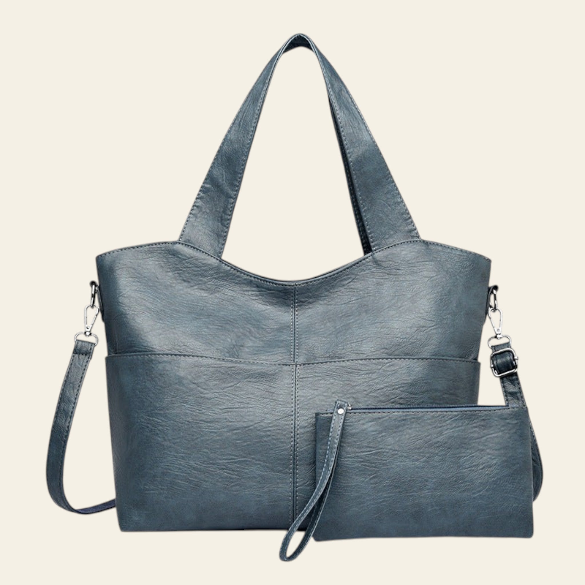 Gray handbag with a shoulder strap on a white background