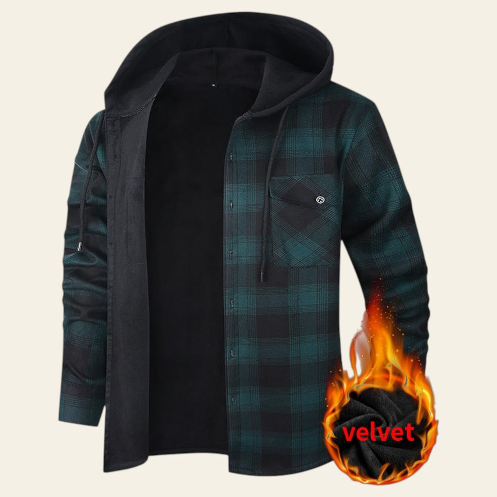 Dark green and black plaid hooded jacket with velvet flame detail