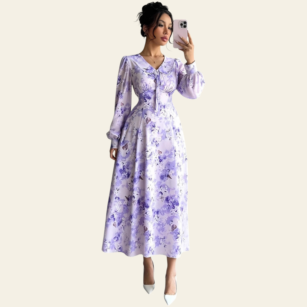 Light blue floral midi dress with long sleeves and V-neck