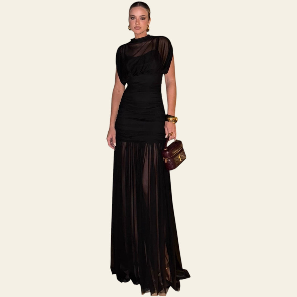 Black mesh patchwork maxi dress on model (out door)