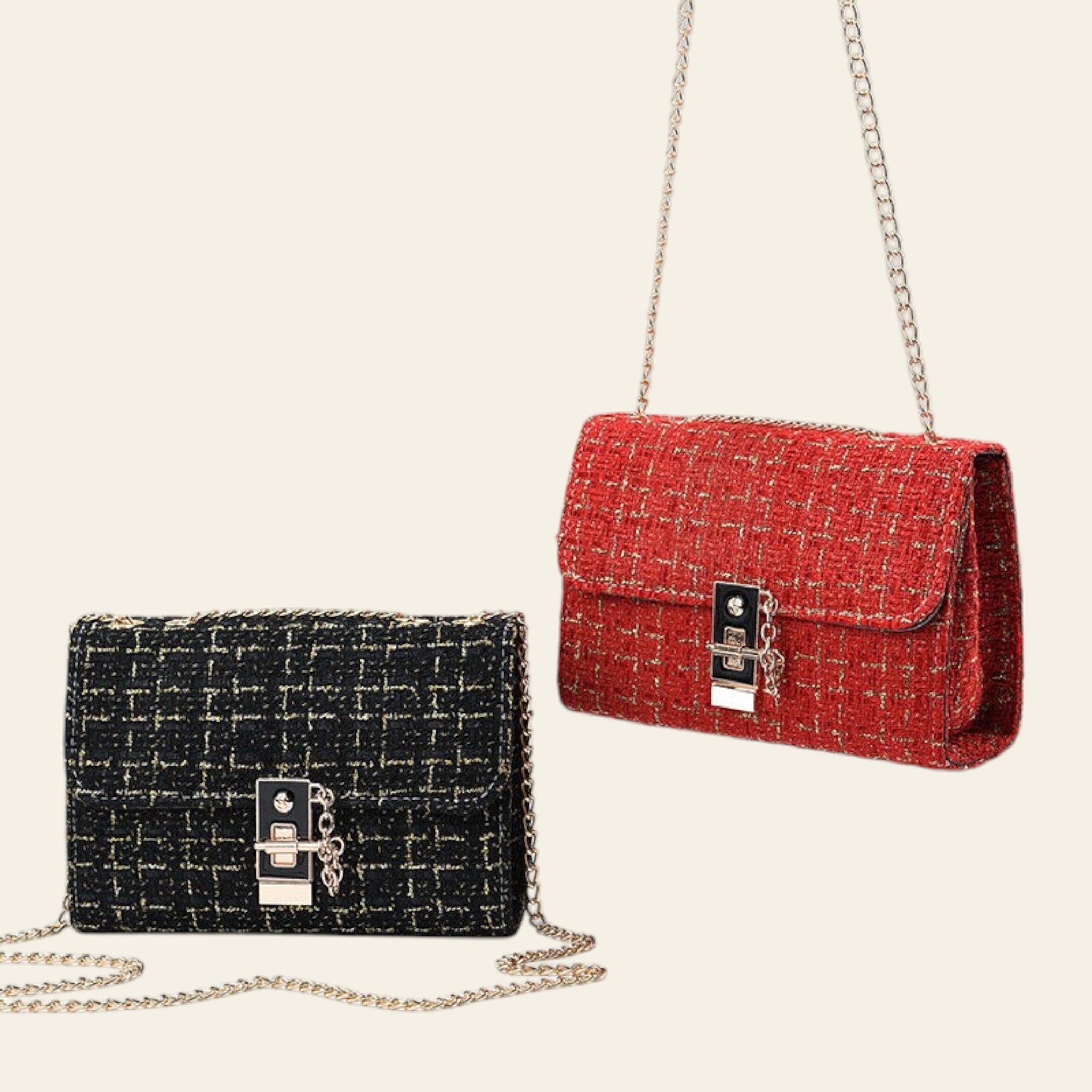 Two handbags, one black and one red, with gold chains on a light gray background.