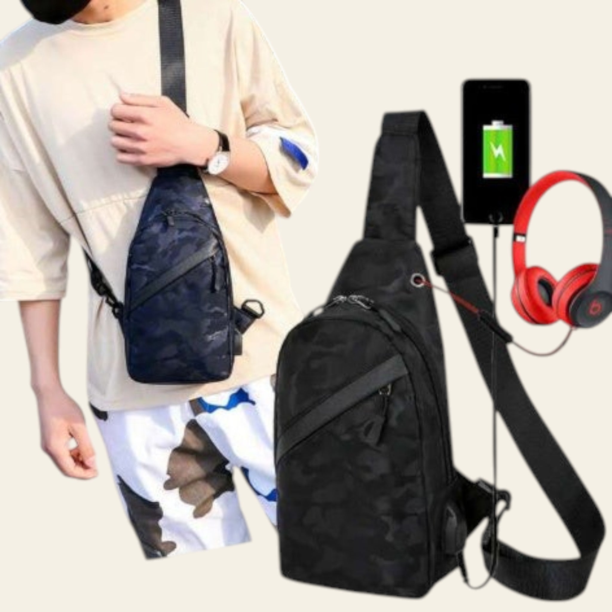 Black camouflage sling bag with phone, headphones, and charging cable on a white background