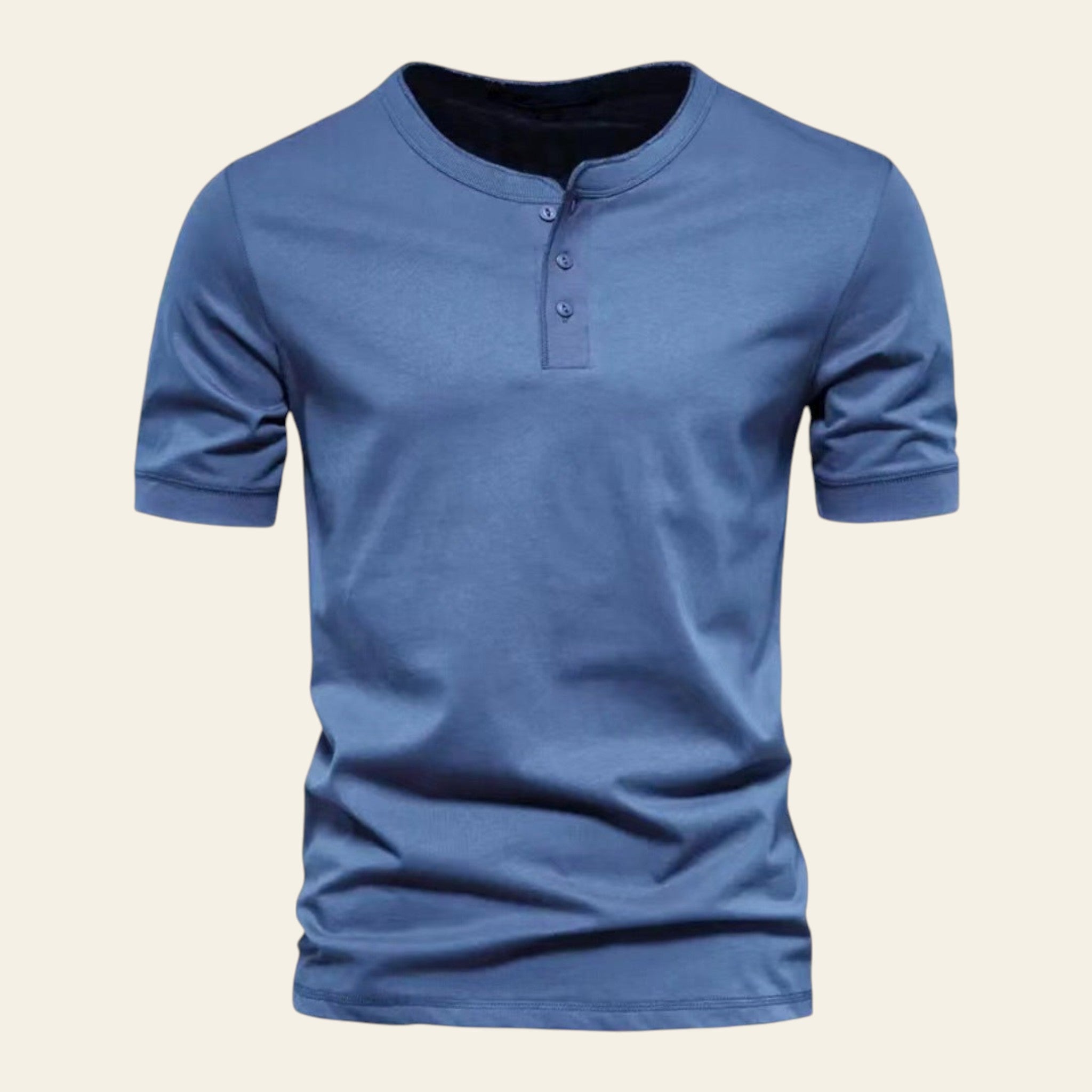 Men's blue short-sleeve henley t-shirt with crew neck on white background