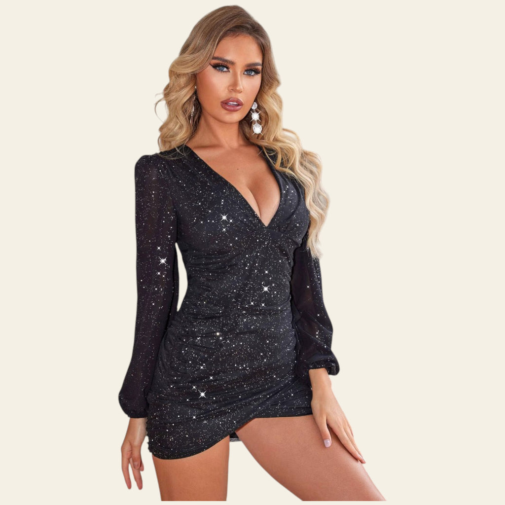 Black sequin long sleeve bodycon mini dress on model