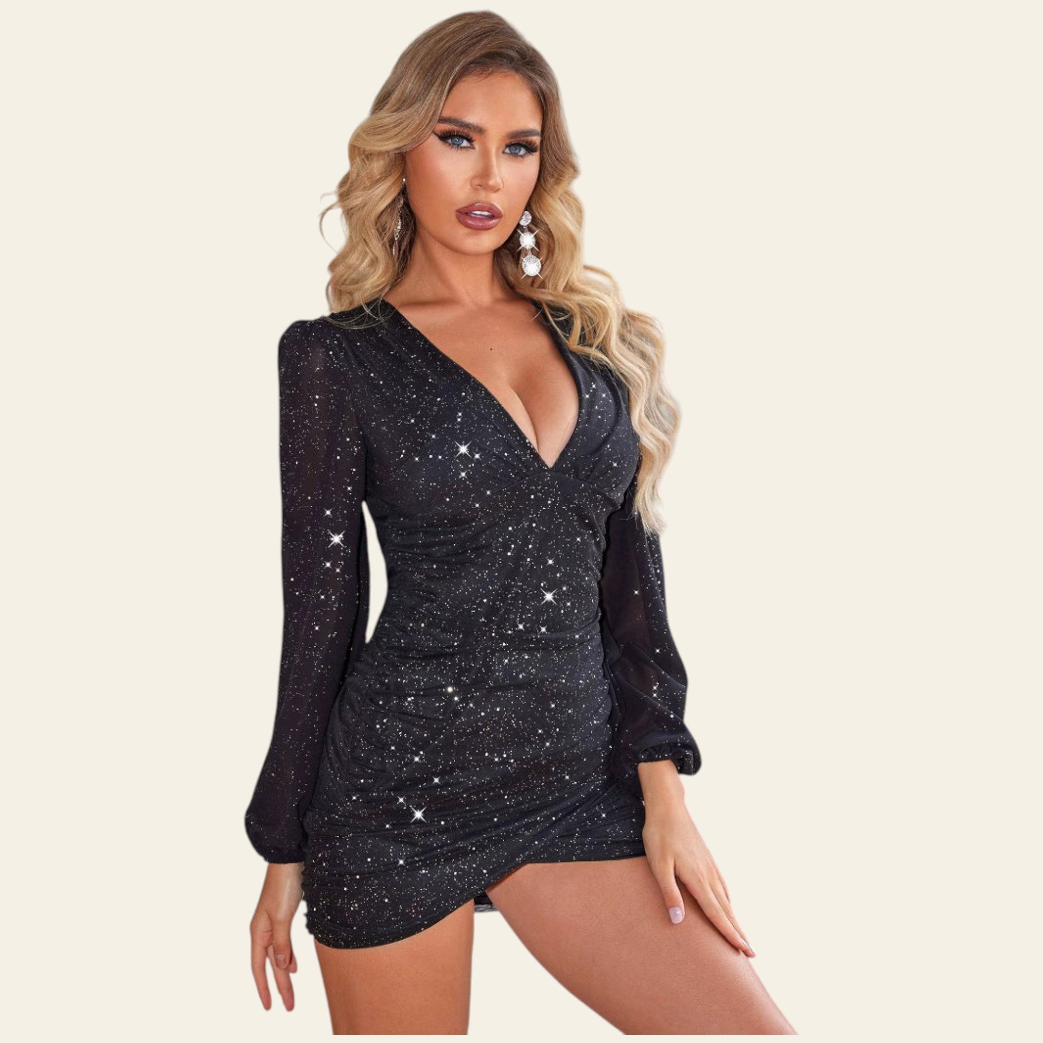 Black sequin long sleeve bodycon mini dress on model