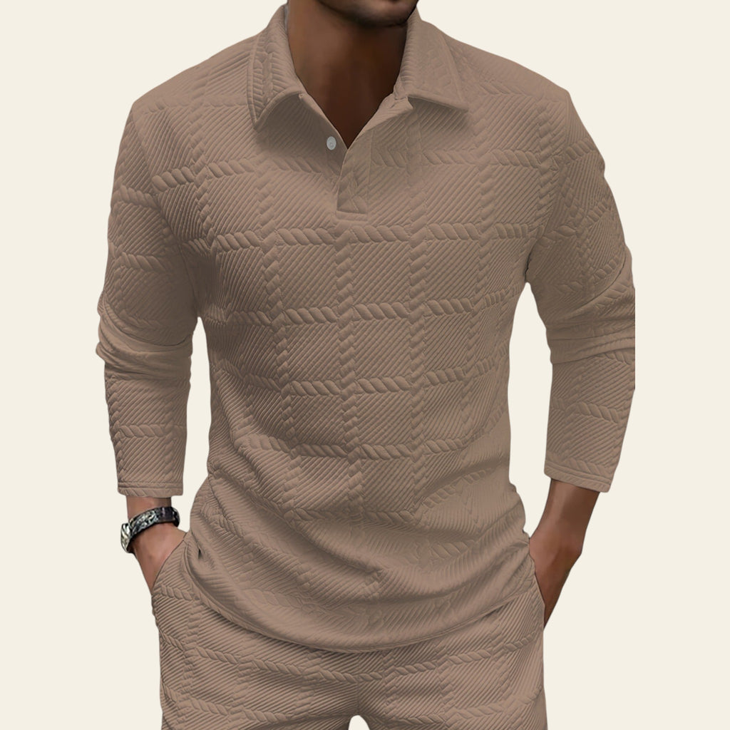 Men wearing beige textured long sleeve polo shirt