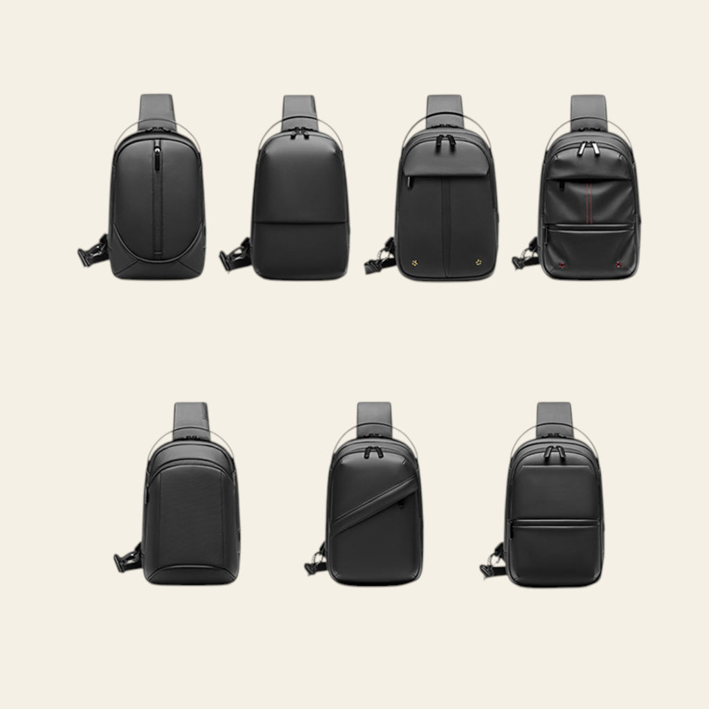 Nine black backpacks displayed in a 3x3 grid on a white background
