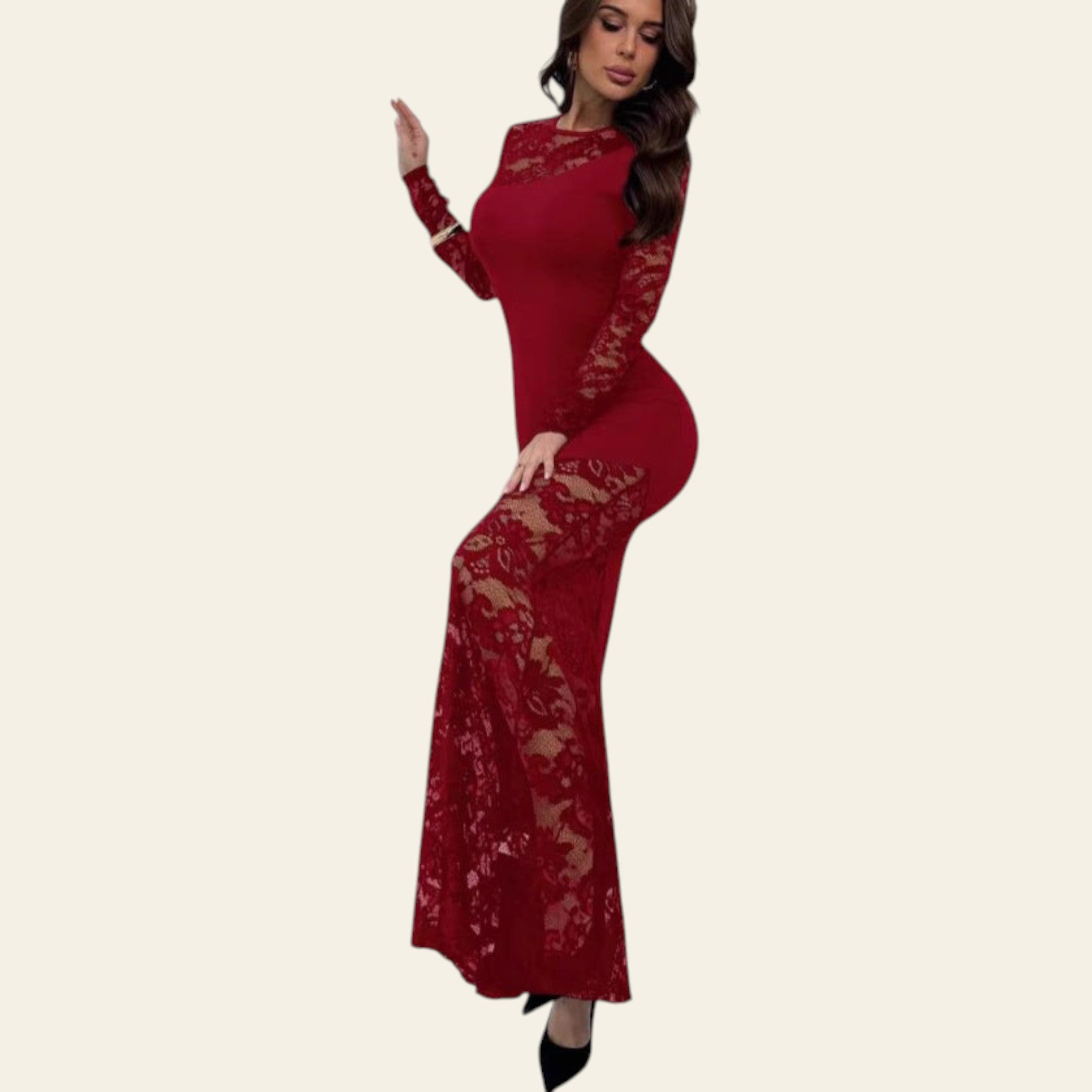Woman wearing a red lace long-sleeve bodycon maxi dress with sheer lace detailing, standing against a white background