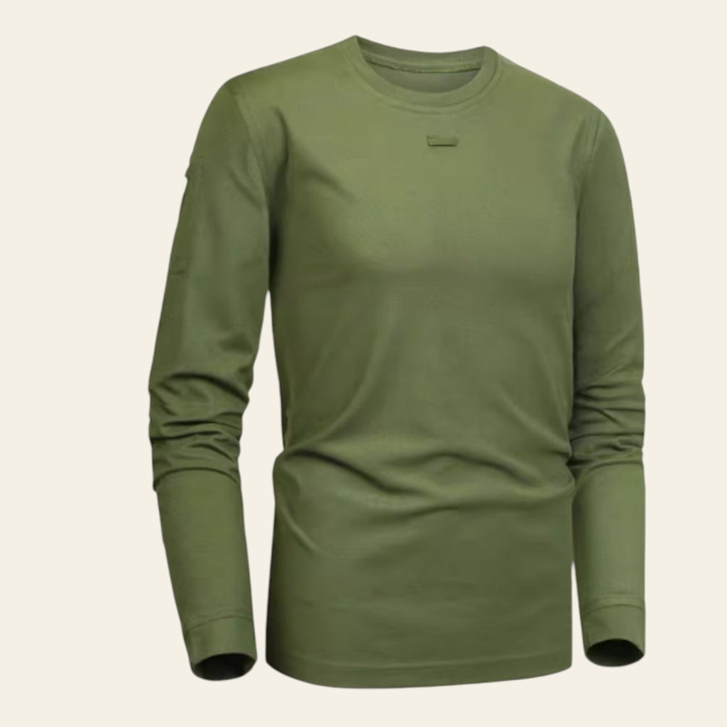 Army green long-sleeve crew neck moisture-wicking men's shirt on white background