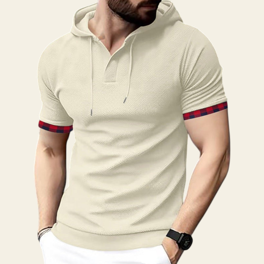 Man wearing a khaki short sleeve hoodie t-shirt for casual daily wear