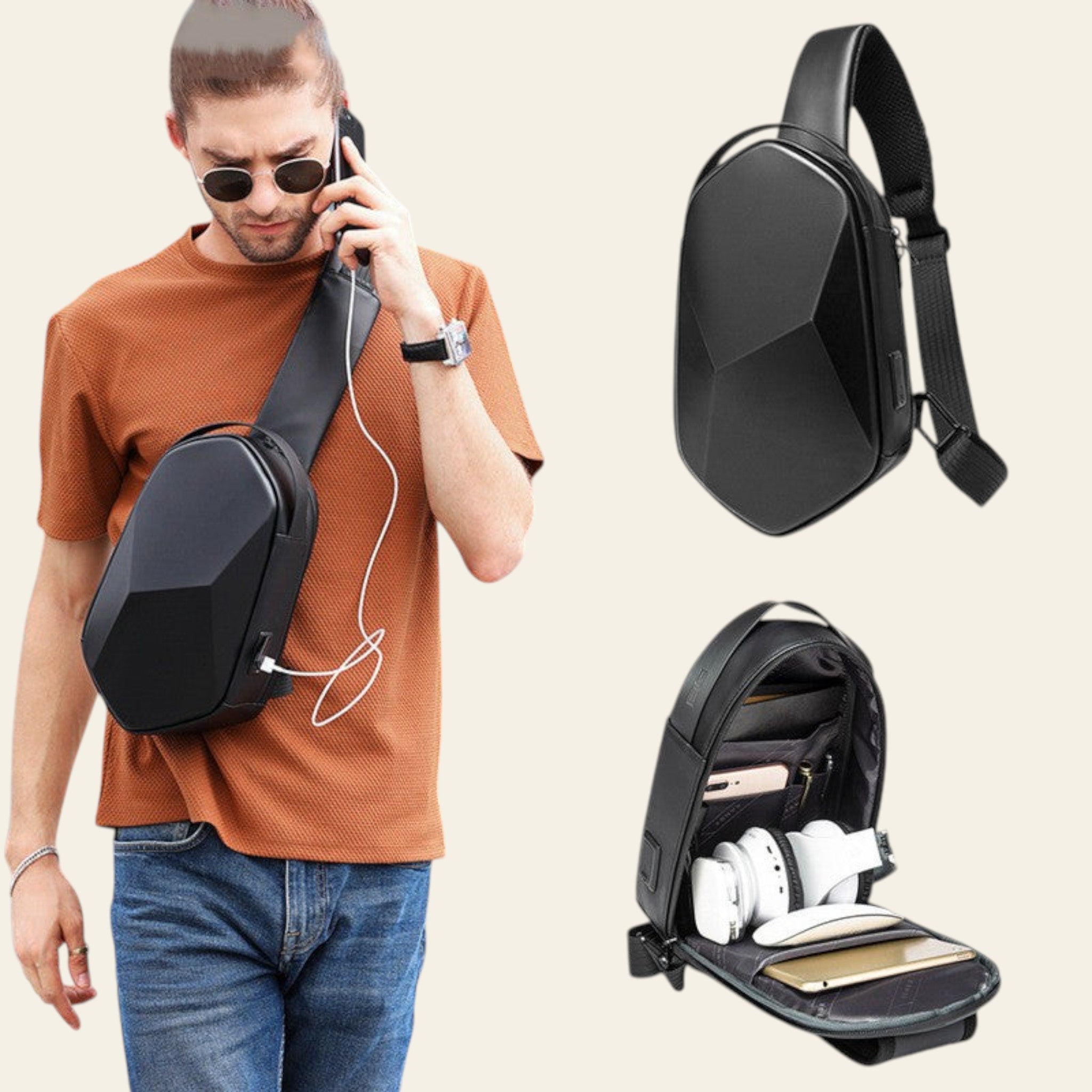 Man using a black crossbody bag with earphones, alongside images of the bag and open bag with items.