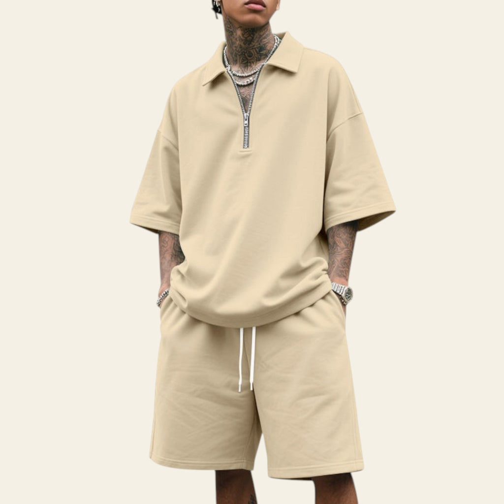Man wearing a men's summer two-piece set with lapel short sleeve shirt and matching shorts in khaki color