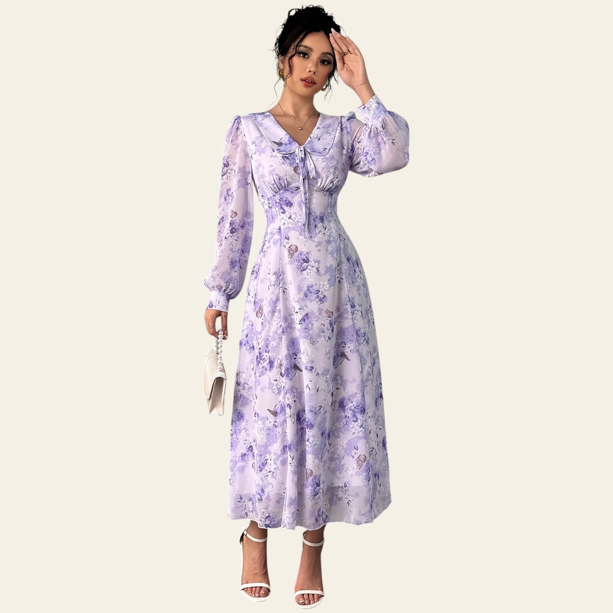 Light blue floral long sleeve midi dress fabric detail