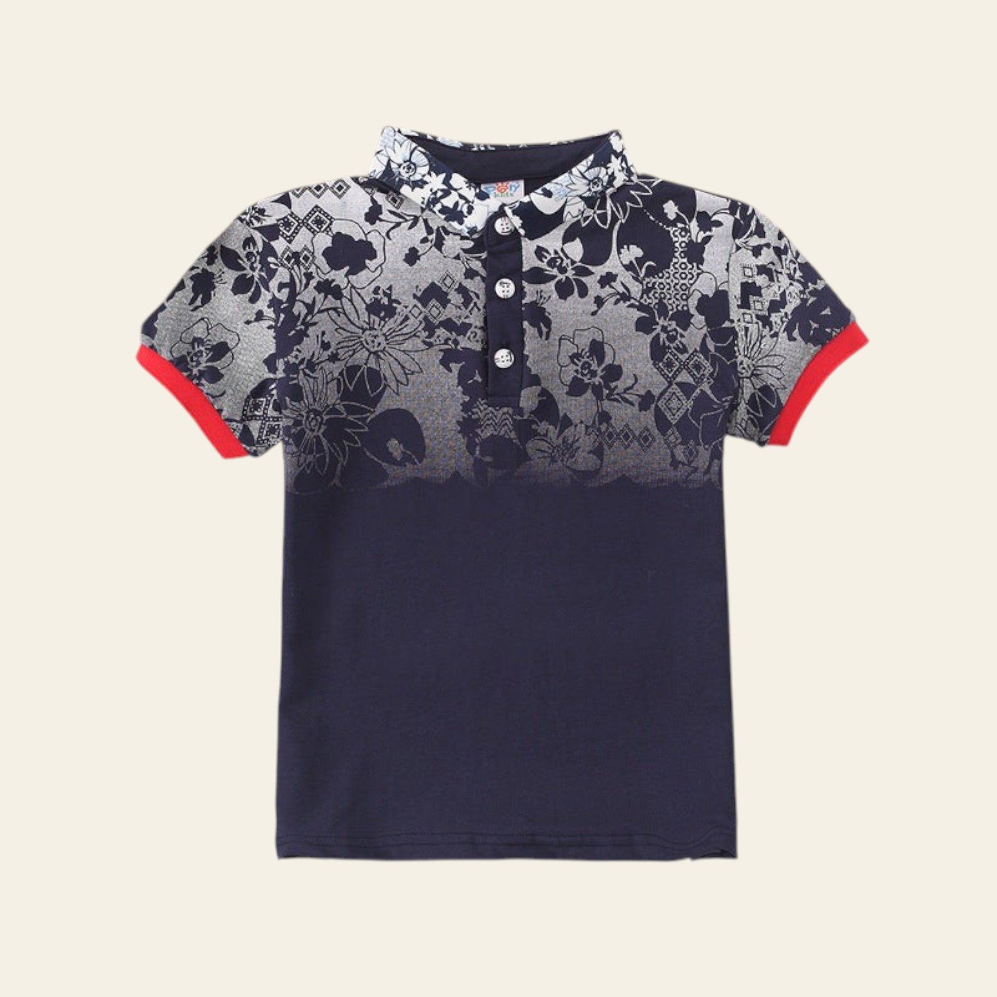 Navy blue and gray floral patterned shirt with red accents on a striped background