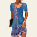 Style Sphere blue floral print short sleeve A-line mini dress with a relaxed fit and breathable polyester material.